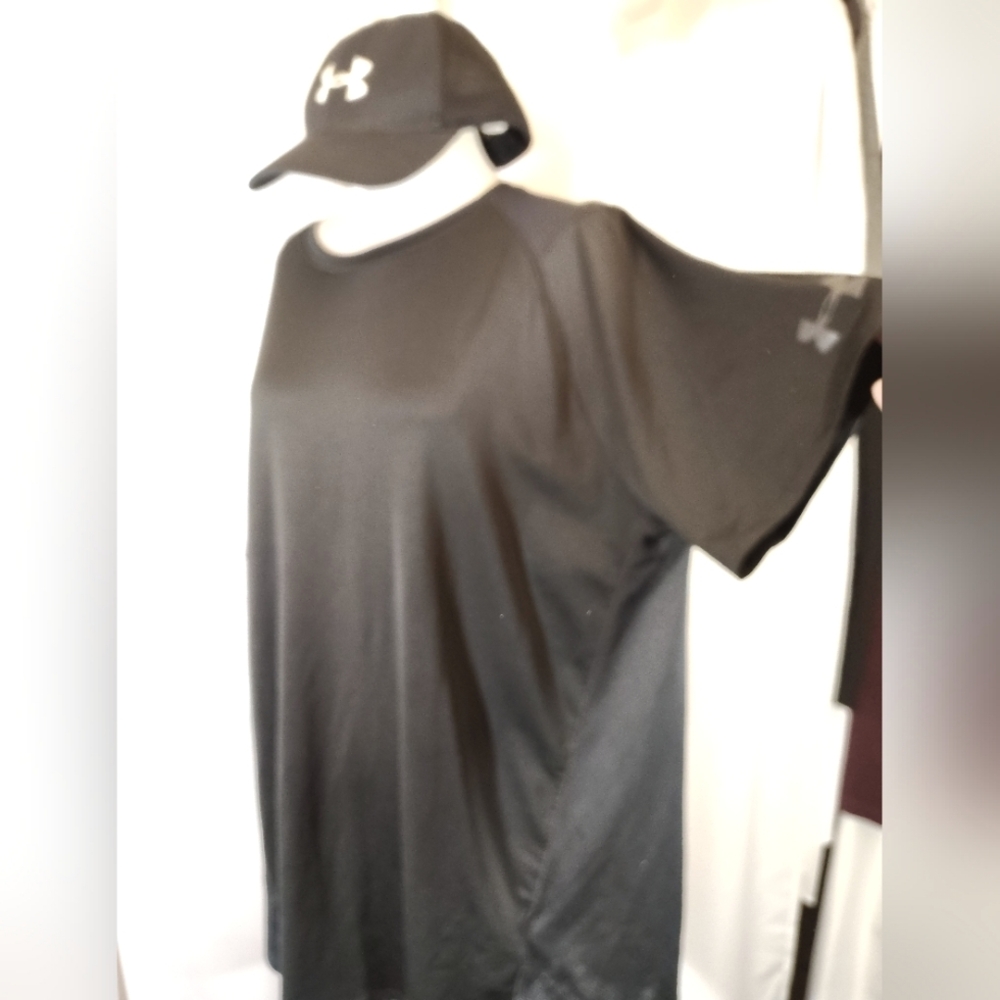 2Pc: UnderArmour T-shirt+Cap, Men Black, White Logo, Short Sleeve, Round Neck, L
